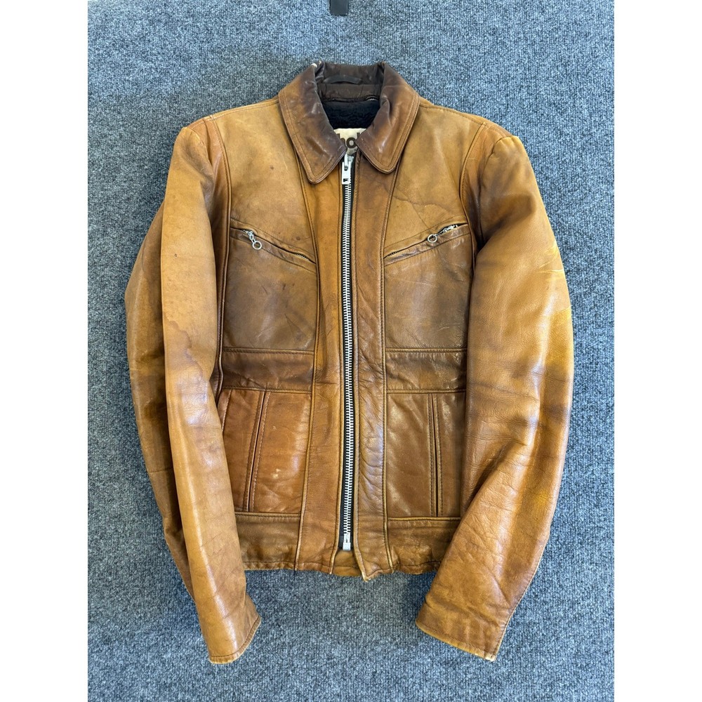 Vintage Schott NYC Leather Cafe Racer Jacket Mens Tan Brown Biker Made in USA