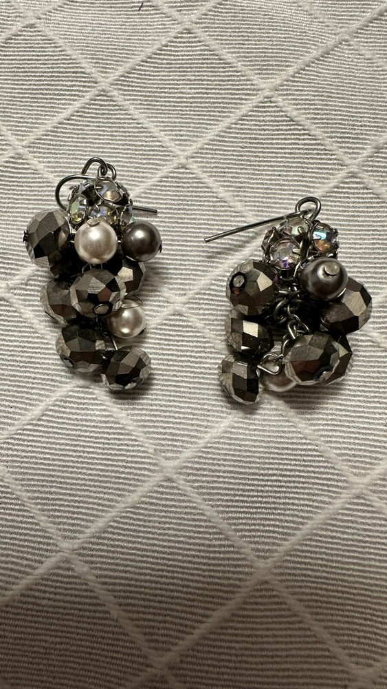 Beaded Cluster Rhinestone And Faux  Pearl Pierced Earrings Dangle Drop