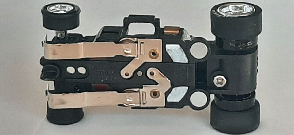 2 New Auto World Long WB 4 Gear HO Slot Car Chassis Chrome Rims Good Year Tires-image