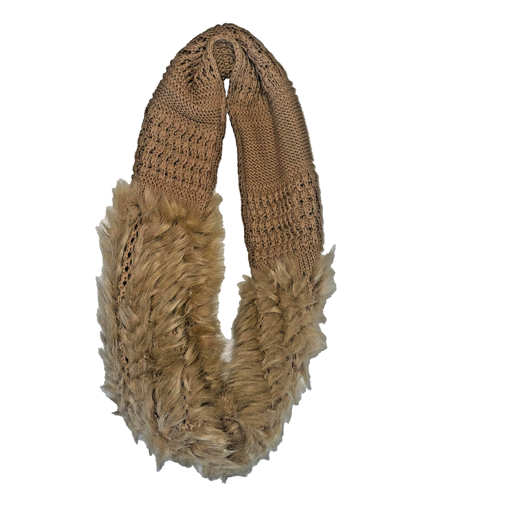 Women's Tan Knitted Fur Infinity Scarf - Cozy Winter Neck Warmer