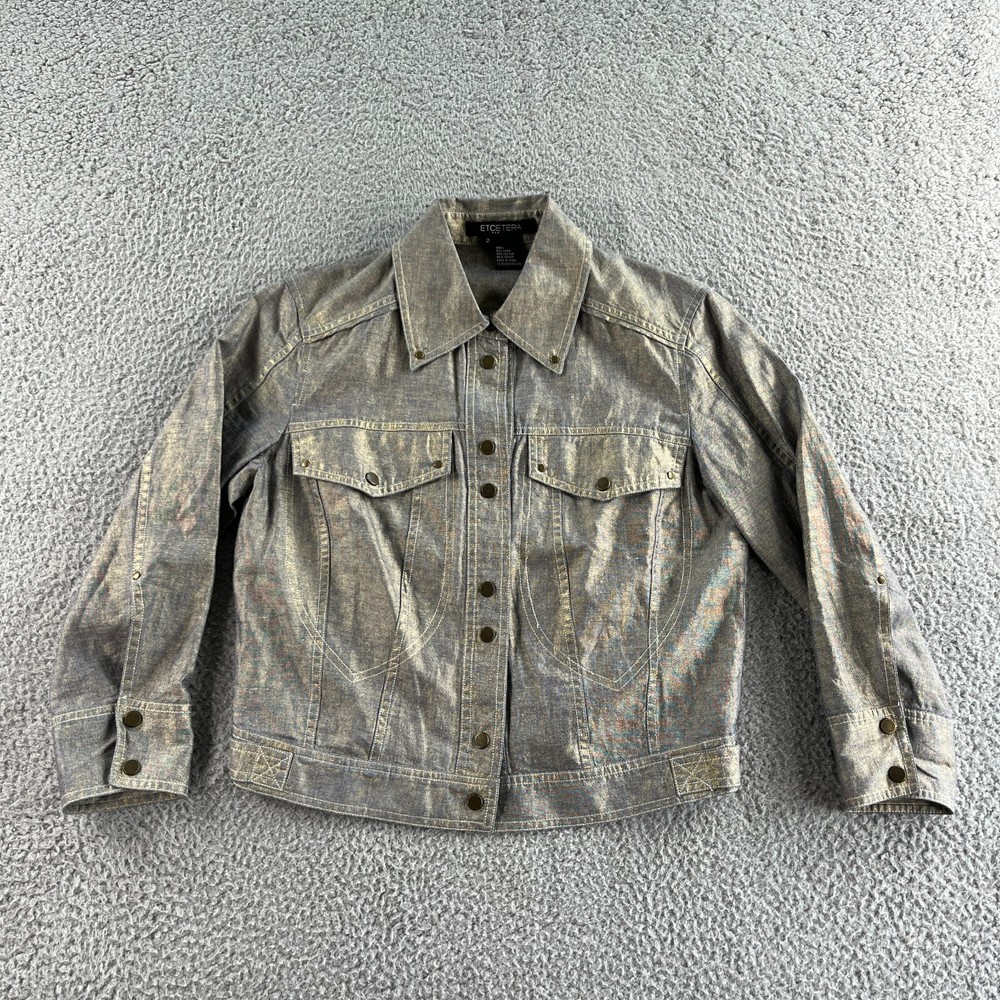 NEW Etcetera Jacket Womens 2 Brown Bomber Linen Blend Metallic Preppy Bronze Y2K