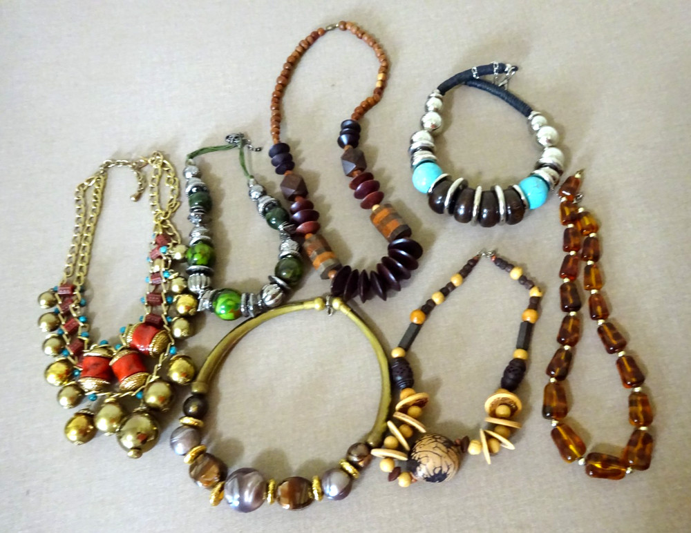 Lot (7) Vintage Bold Chunky Beaded Statement Necklaces Wood Lucite Brass Mixed
