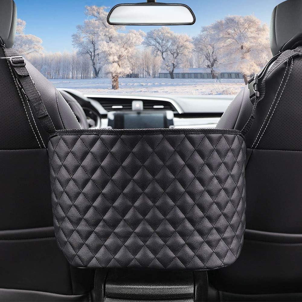 Leather car seat back storage net bag with large capacity for handbags-image