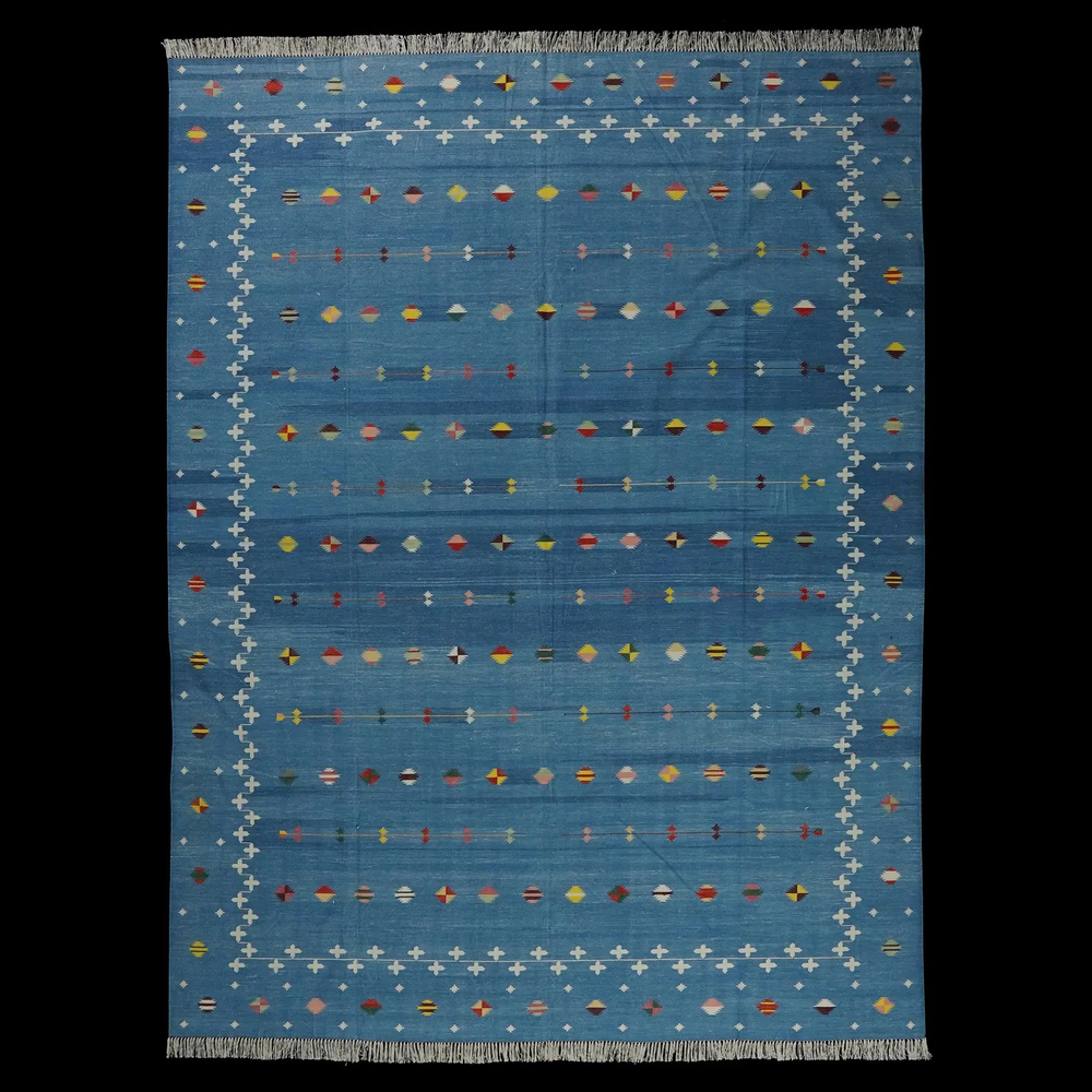 New Luxury Custom Cotton Dhurrie Rug Color Blue Design Handmade Carpet Rug