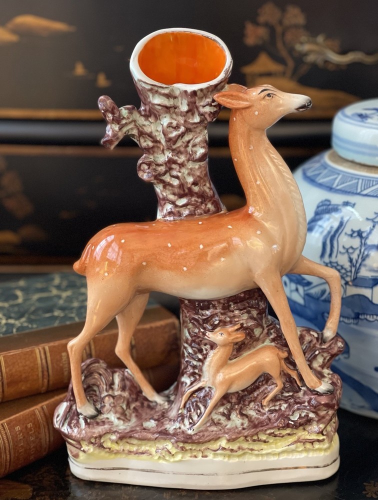 Magnificent RARE 19C English Staffordshire Deer Fawn Game Mantle Spill Vase 12”