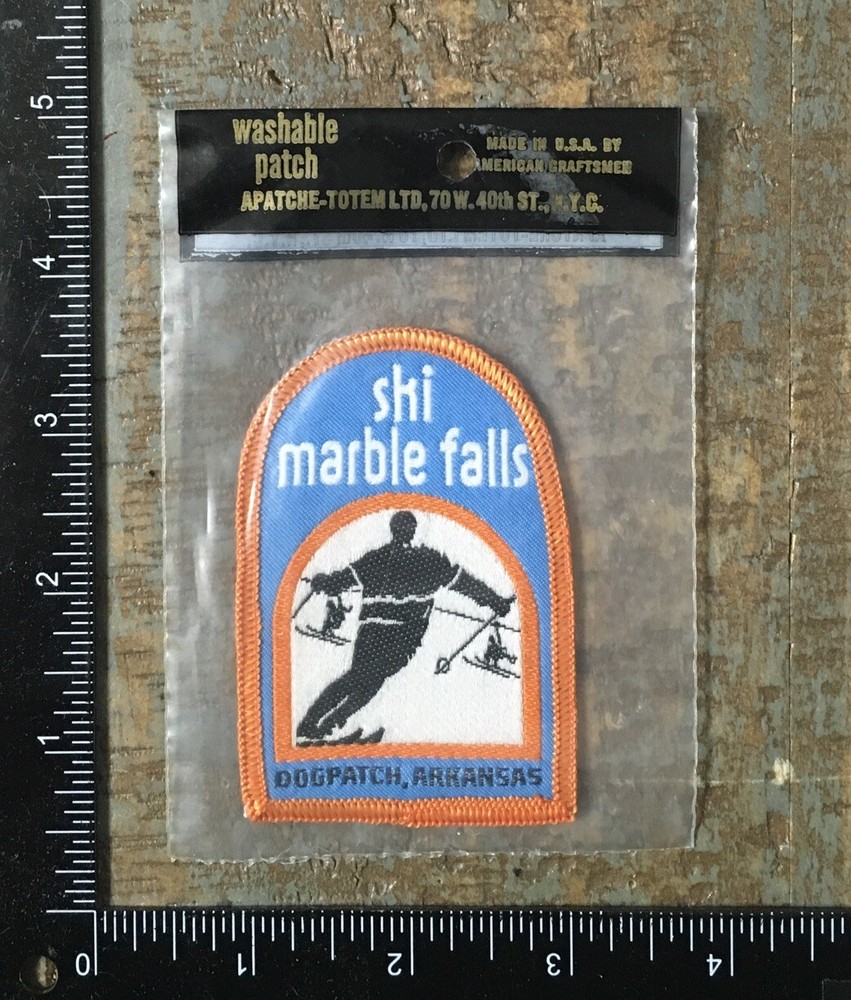 Vintage SKI MARBLE FALLS Dogpatch Arkansas Skiing Souvenir Woven Patch MIP 1970s