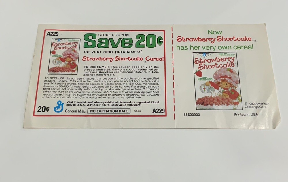Strawberry Shortcake Doll Vintage 1982 General Mills Cereal Insert Coupon-image