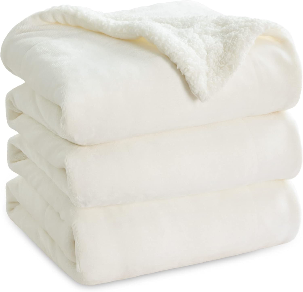 Queen Size Sherpa Fleece Blanket 90x90 Inches Cream Soft Warm Winter?