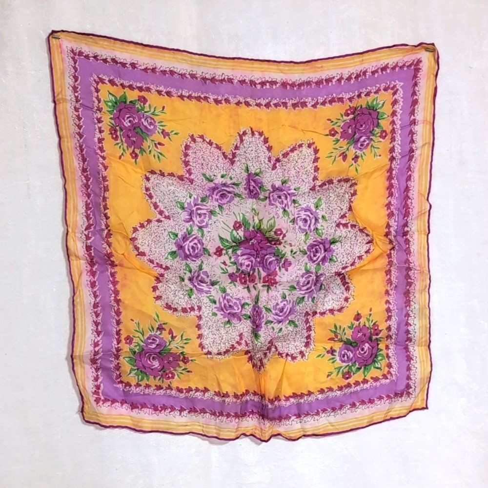 Vintage Gold Purple Floral Square Silk Scarf Rolled Edging