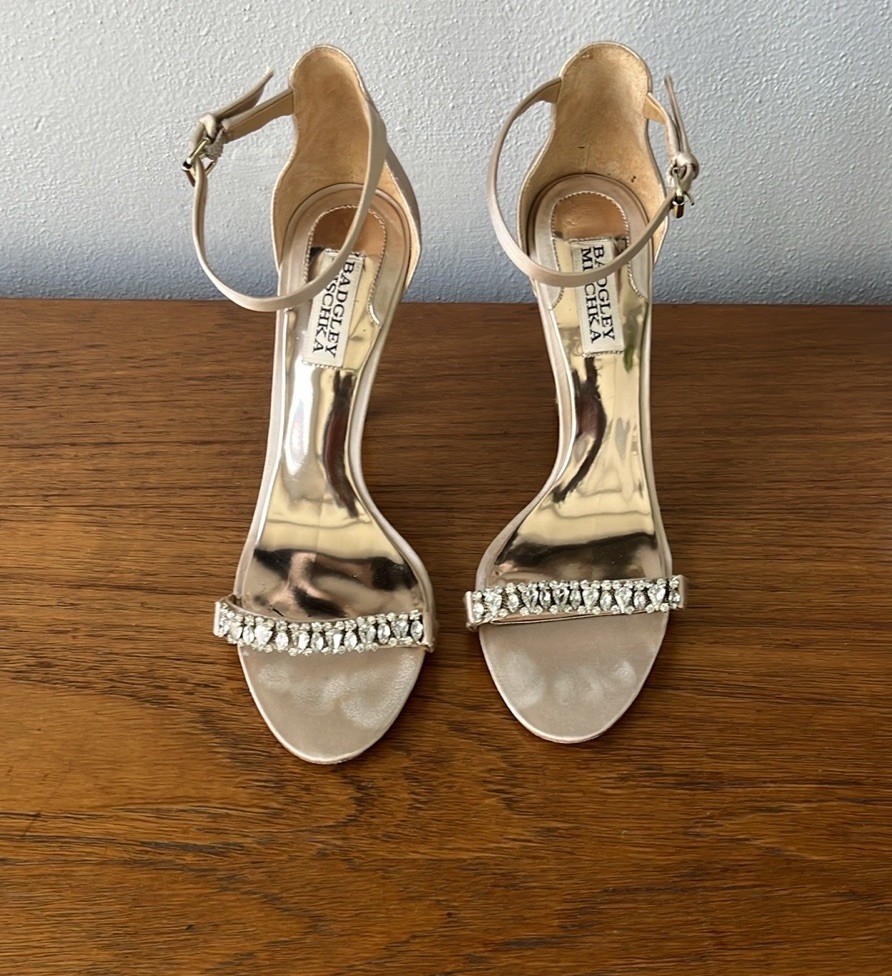 Badgley  Mischa  Cream Satin Rhinestone Stiletto Heels, Ankle Strap, Size 7.5