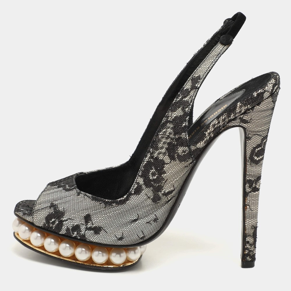 Nicholas Kirkwood Black Lace and Lurex Fabric Slingback Sandals Size 37