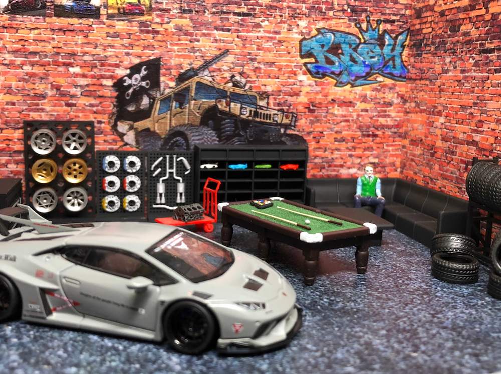 1:64 Mini Diorama Car Garage Workshop Maintenance Scene Display Model