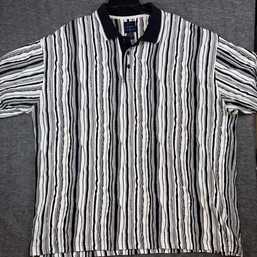 Cotton Traders Sport Men Polo Shirt Black Striped 3D Knit Texture Vintage Sz XXL
