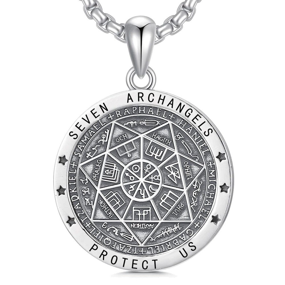 Sterling Silver Seven Archangels Pendant Necklace for Men - Divine Protection Amulet