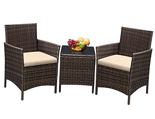 Brown Beige 3-Piece PE Rattan Patio Furniture Set with Wicker Chairs