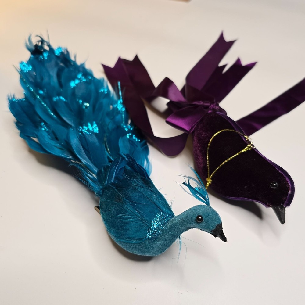 2 Purple Velvet Peacock Bird Christmas Ornaments - Teal Decorative Fabric Birds