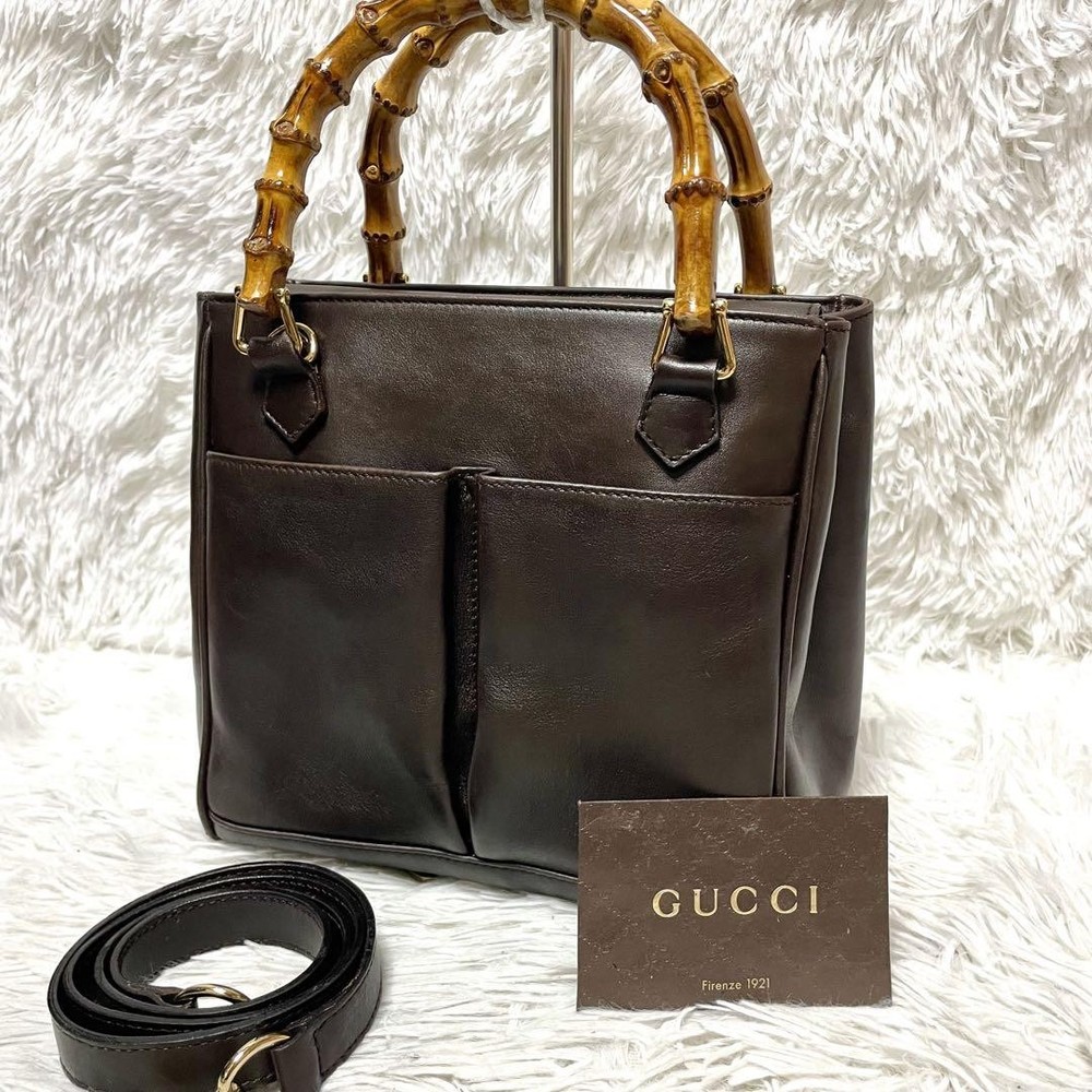 Vintage Gucci Bamboo Dark Brown Leather Crossbody Handbag 2Way Preowned