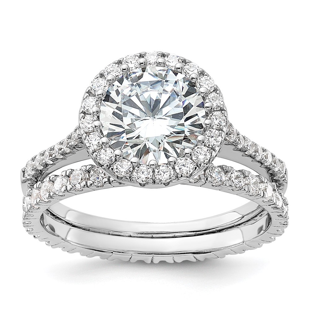 Sterling Silver Cubic Zirconia Halo Engagement Ring and Eternity Band Set Size 8