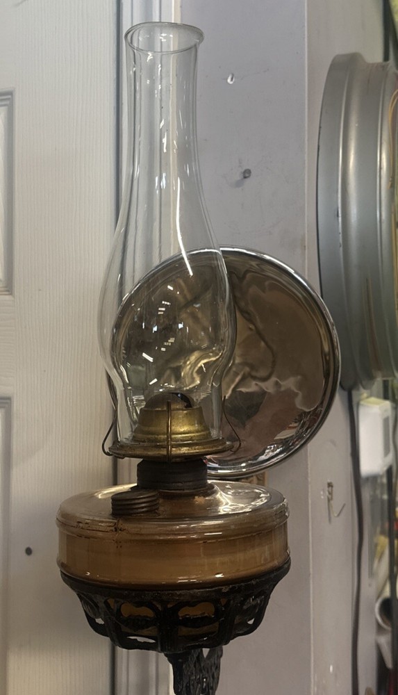 Antique Victorian Era Metal Wall Bracket Oil Lamp with Mercury Glass Reflector