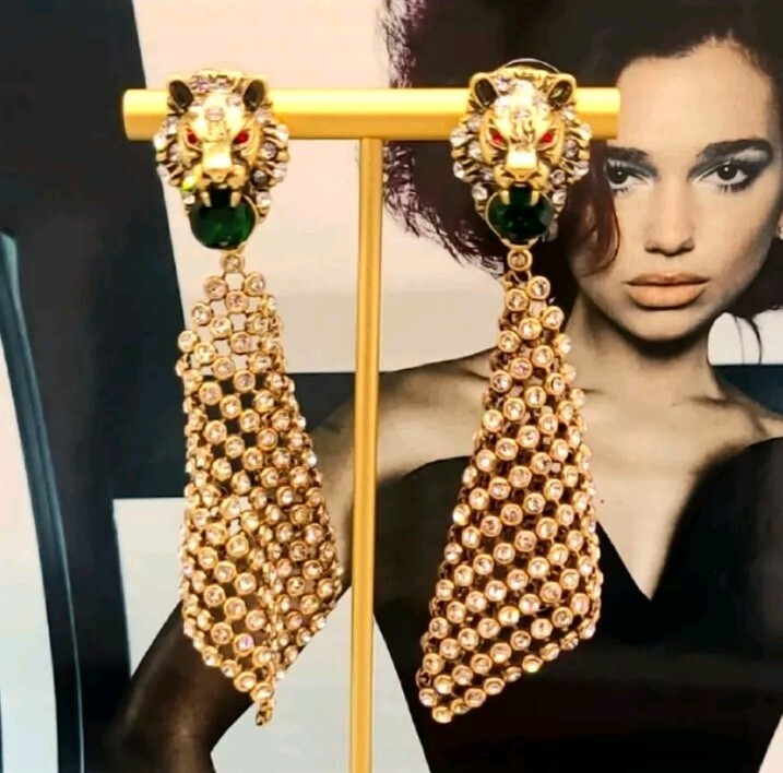 Vintage Kenneth Jay Lane Estate Lion Crystal Chainmail Long Dangle Gold Earrings