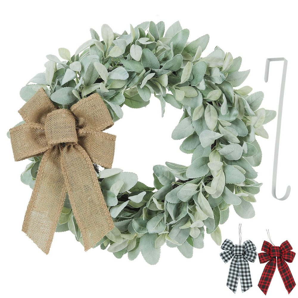 18 Inch Flocked Lambs Ear Spring Wreath for Front Door