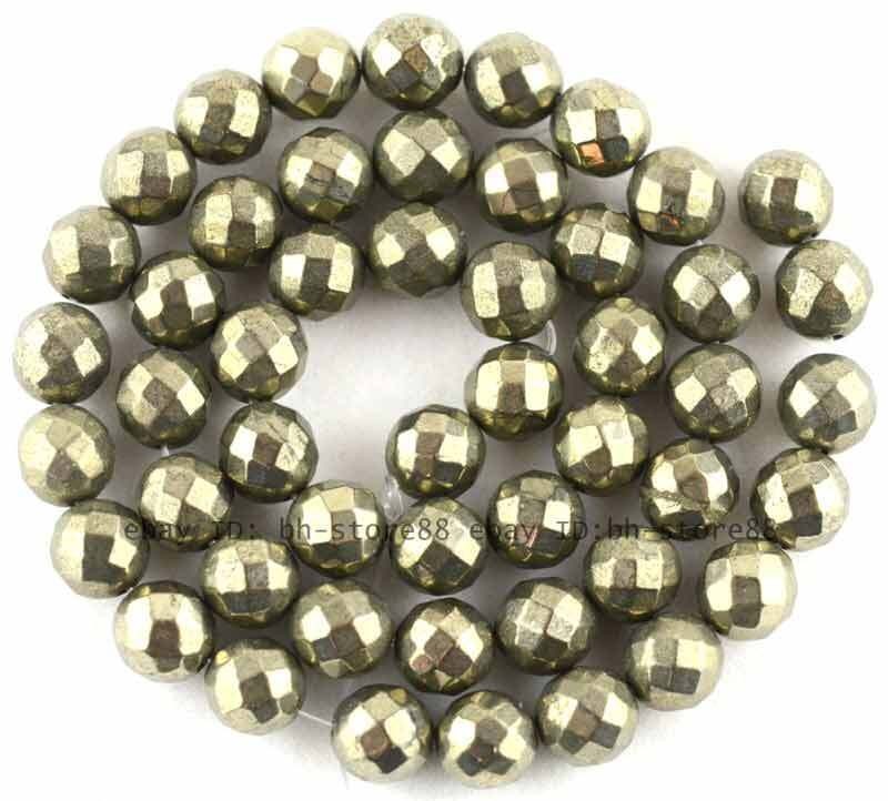 8mm Natural Large Round Faceted Pyrite Gemstone Beads 15 Inch DIY Jewelry Making