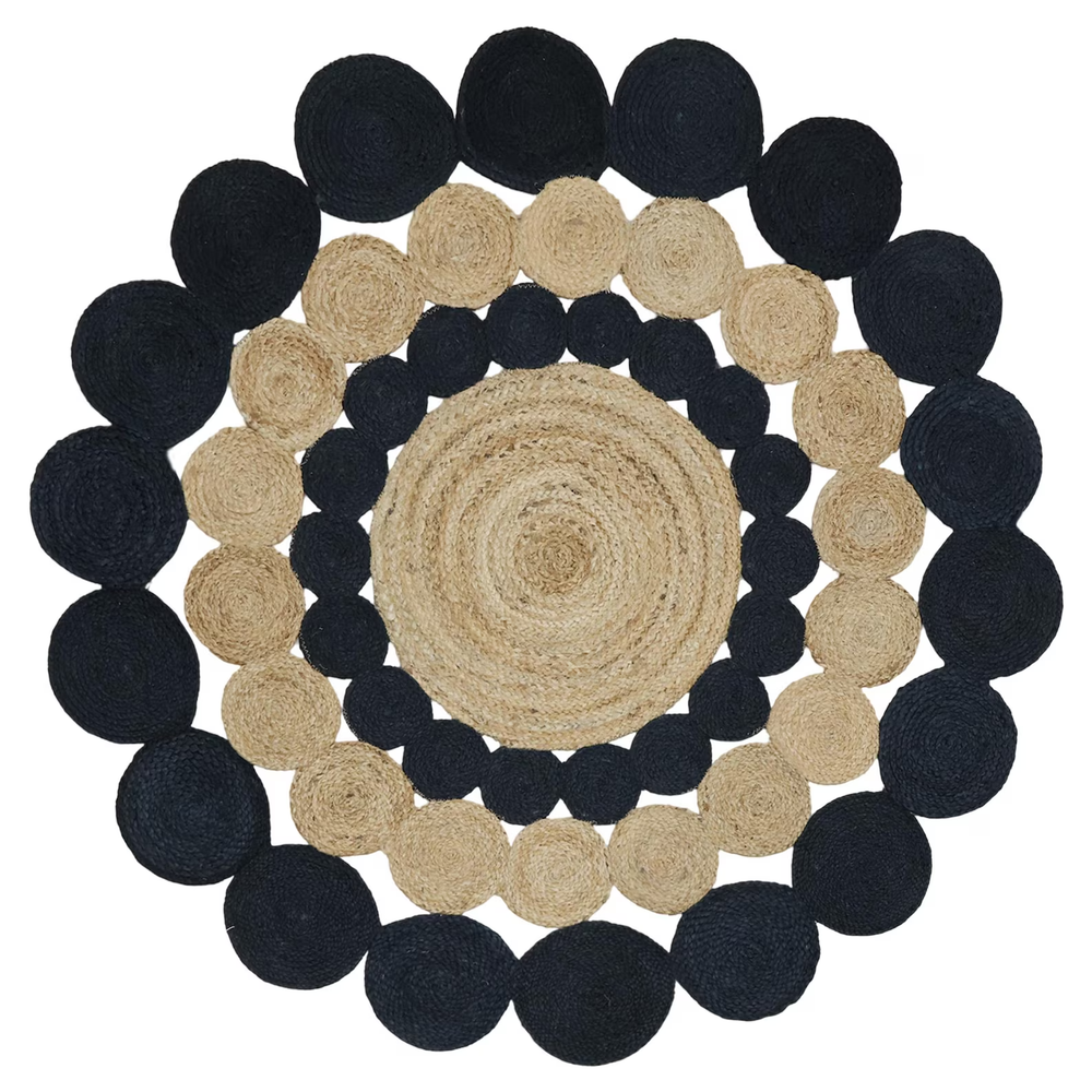 Scallop Round Cotton Jute Rug Beige Black 3x3 4x4 5x5 ft, Hand Braided Boho Area