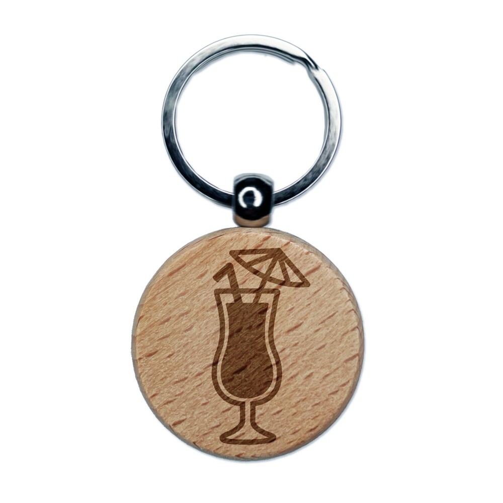 Daiquiri Cocktail Umbrella Engraved Wood Keychain Drink Charm Tag