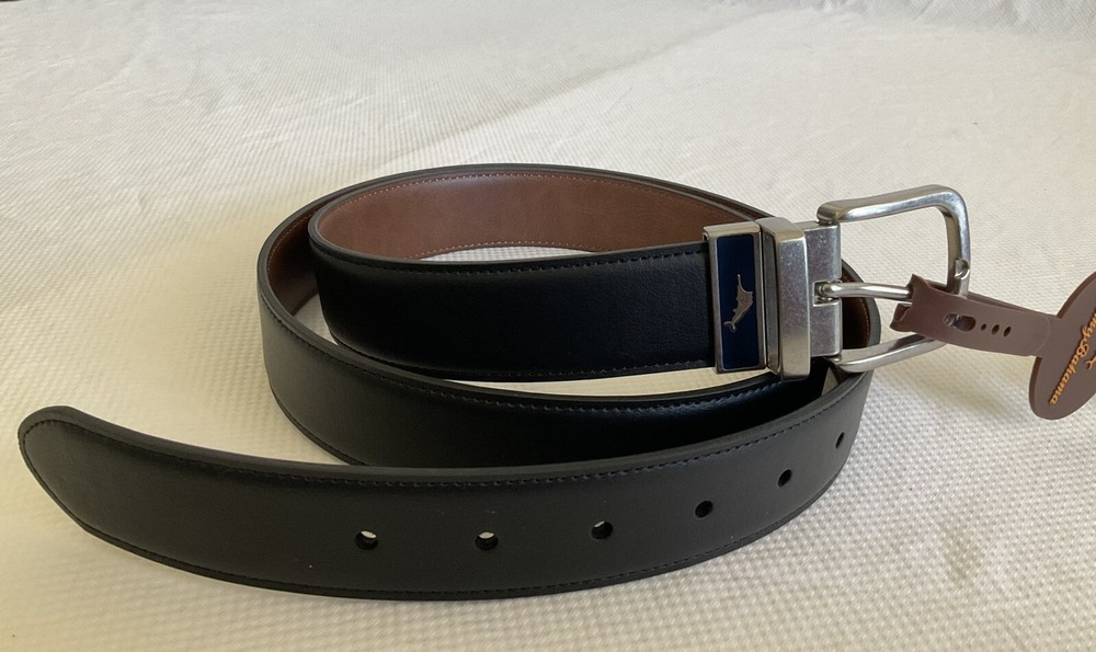 NEW Tommy Bahama Mens XL 42-44 Reversible Leather Belt BlackBrown Marlin Buckle