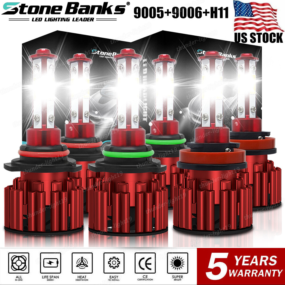 4-Side Combo 9005 9006 H11 LED Headlight Fog Light Kit 6000K High Low Beam