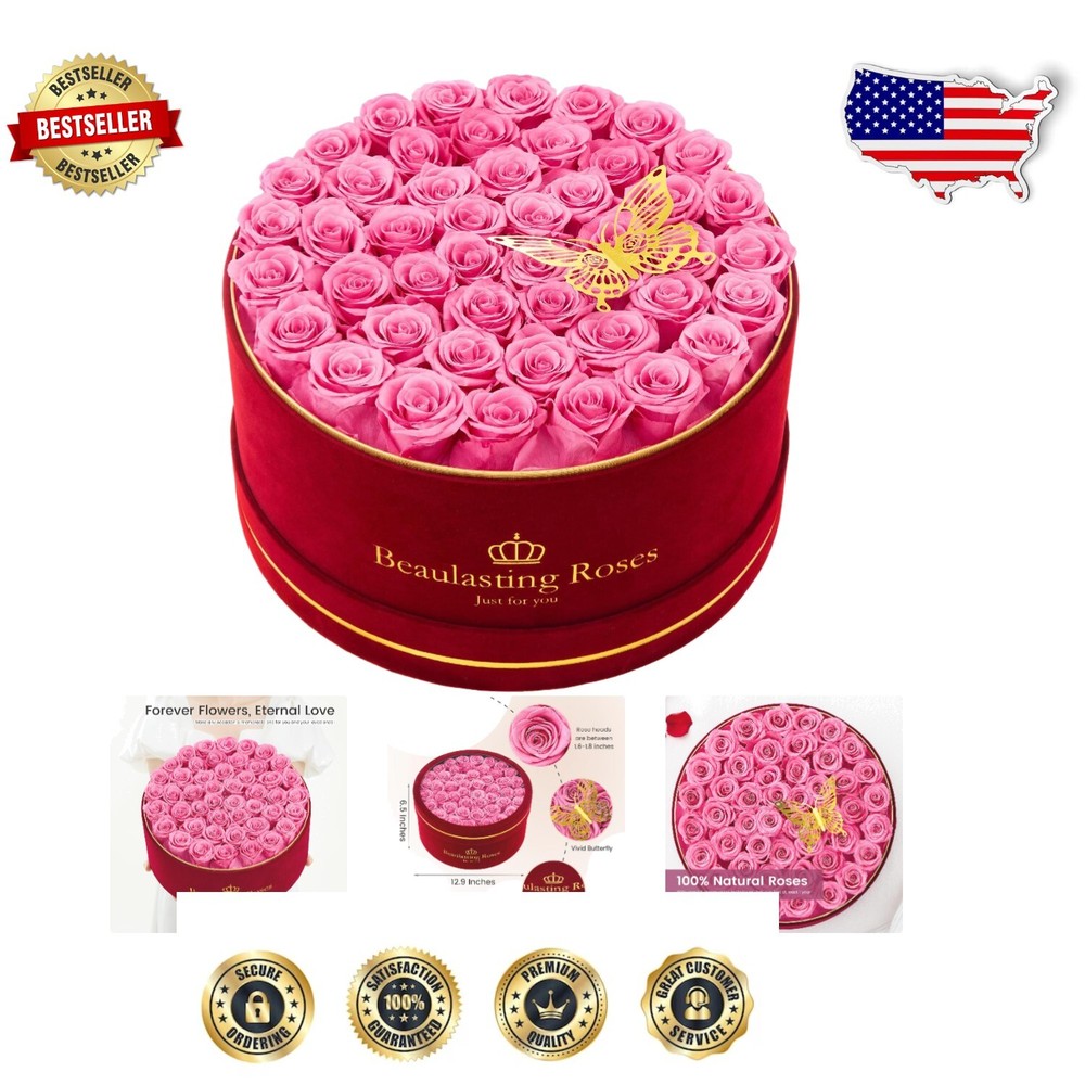 Luxury Velvet Box with 47 Real Pink Roses - Lasting Gift for Valentine's Day