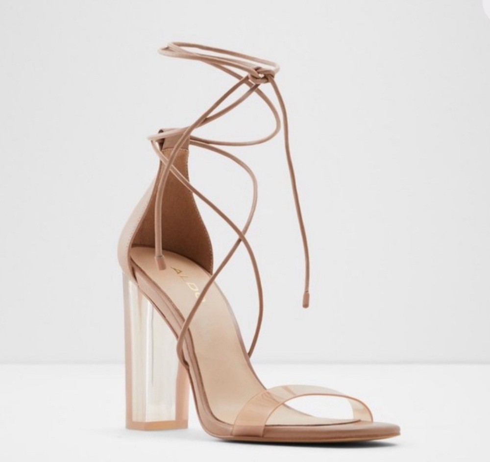 Aldo Onardonia Beige Ankle Tie Clear Chunky Block Heel Open Toe Sandals Size 6.5