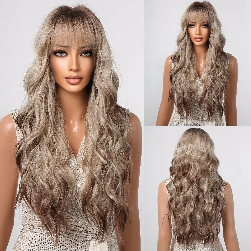 Brown to Blonde Ombre Long Wavy Synthetic Wig Heat Resistant Cosplay Hair Wig