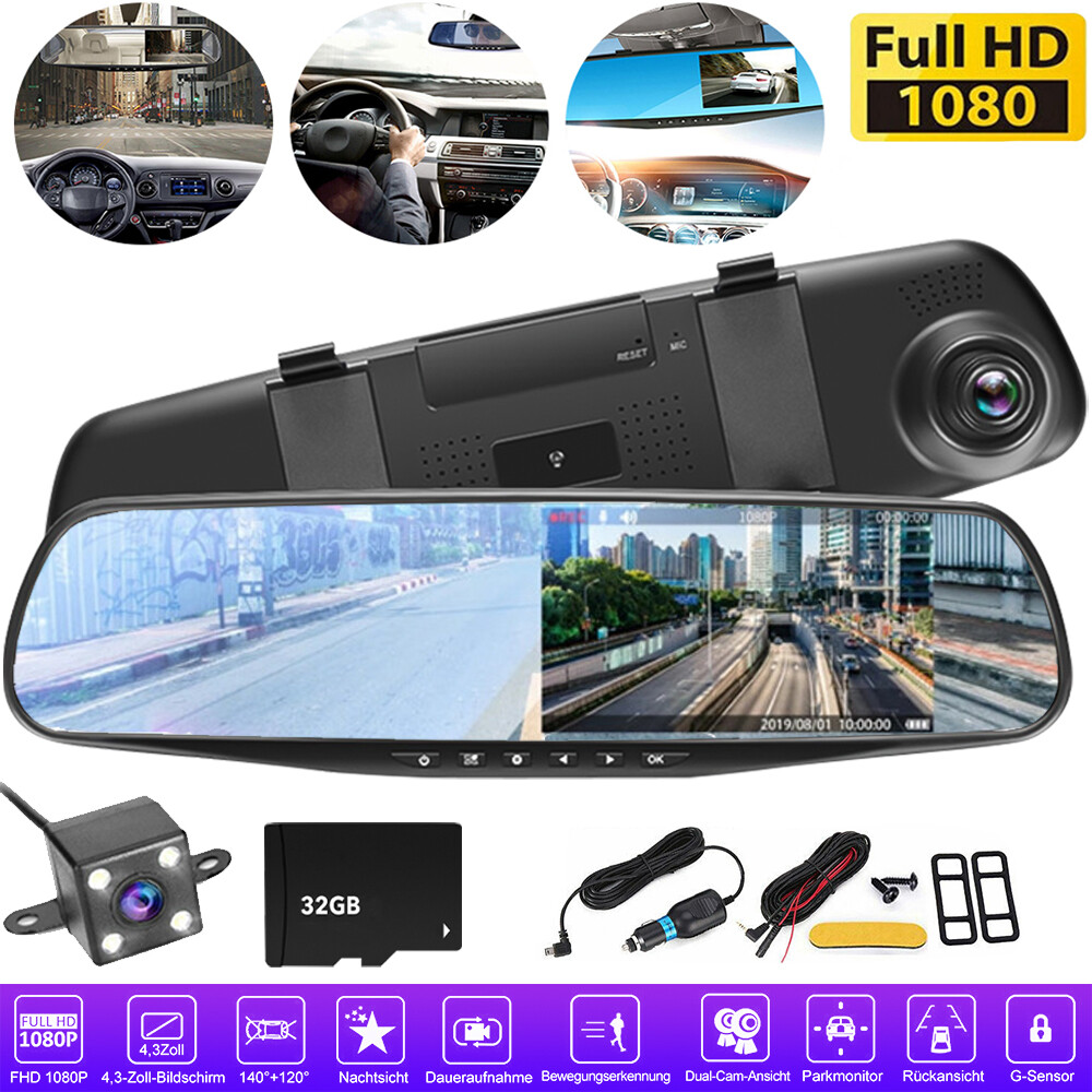 1080P Dual Dash Cam with Rearview Mirror, G-Sensor, and 32GB Storage