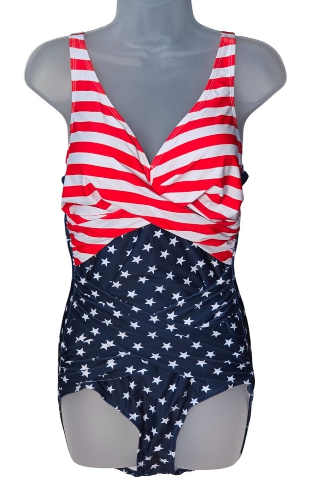 American Flag One-Piece V Neck Swimsuit M Adjustable Straps Ruched Front Lined