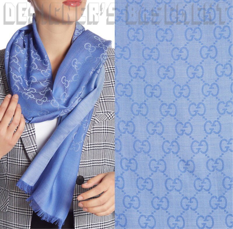 GUCCI GG wool silk pashmina scarf light blue periwinkle 18x70 NWT authentic