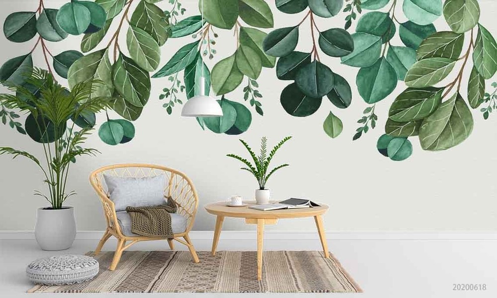 3D Green Plants Leaves Watercolor Wall Murals Wallpaper Murals Wall Sticker