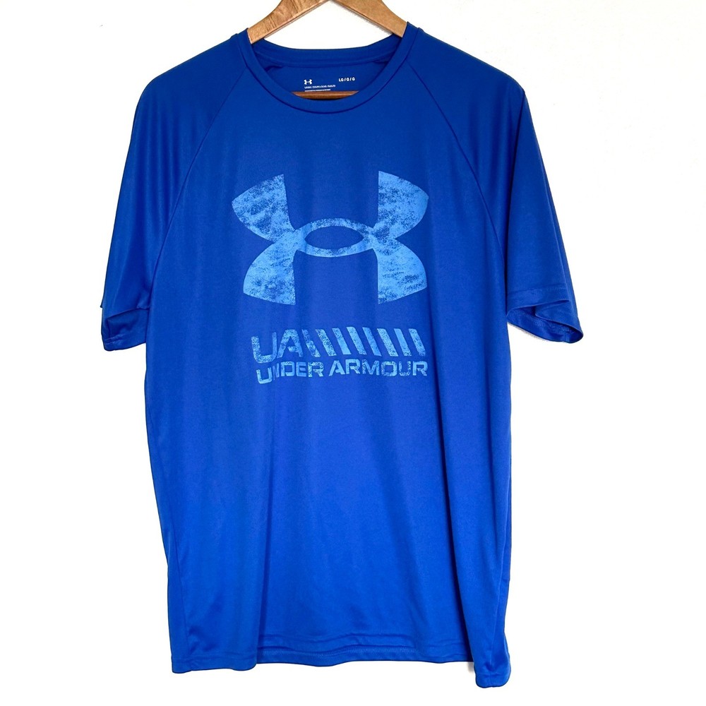 Under Armour Shirt Men's Large Blue Graphic Loose Fit Short Sleeve Lightweight
