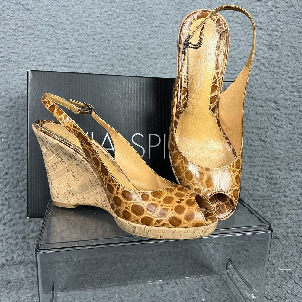 VIA SPIGA Brown Faux Croc Leather Embossed Peep Toe Heel Wedges Cork Dobson 8M