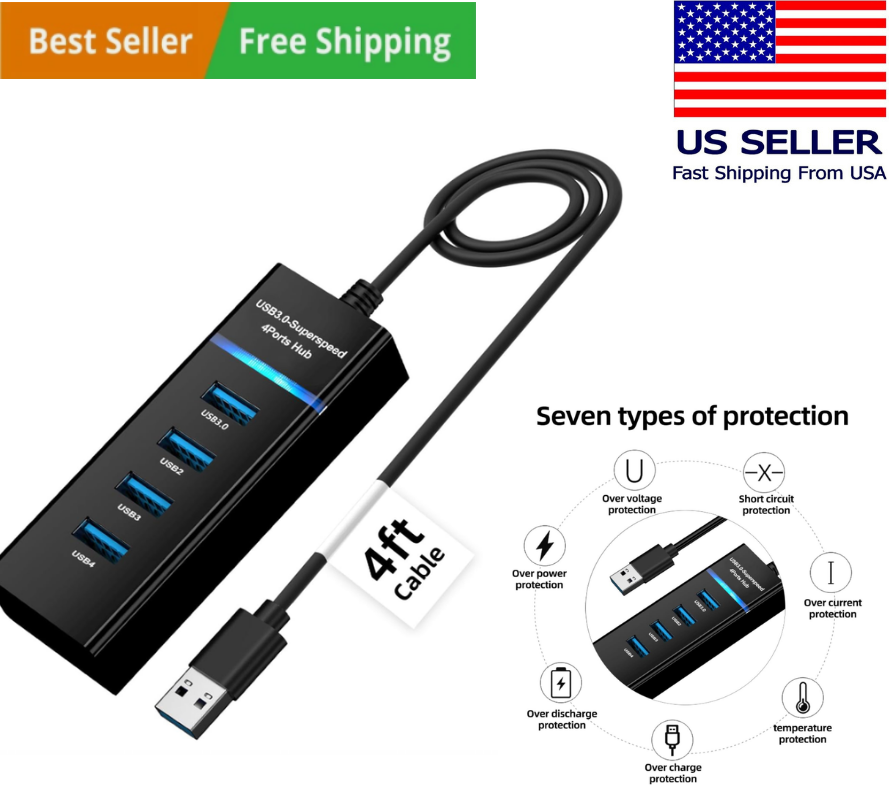 USB Hub 3.0 Splitter with 4ft Extension Long Cable Cord, 4-Port Black..... - USA
