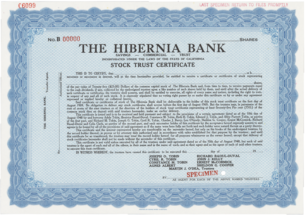 The Hibernia Bank. Stock Certificate.