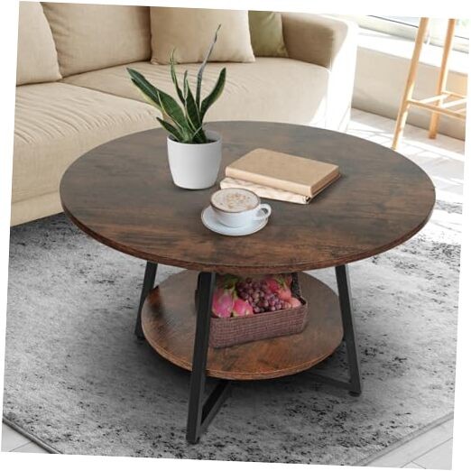Rustic Brown 2-Tier Round Coffee Table with Storage Shelf  