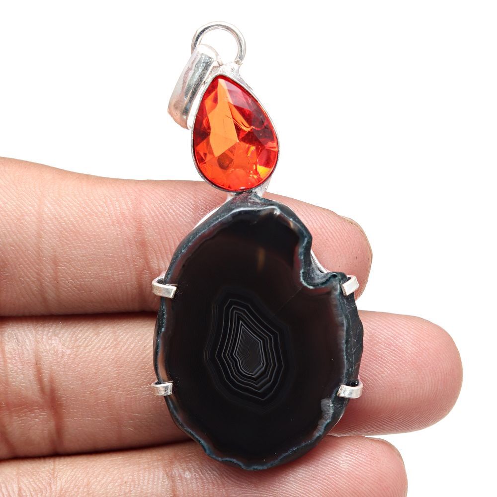 Black Drusy Gemstone Pendant Handmade in Silver 2.5 Inch Necklace