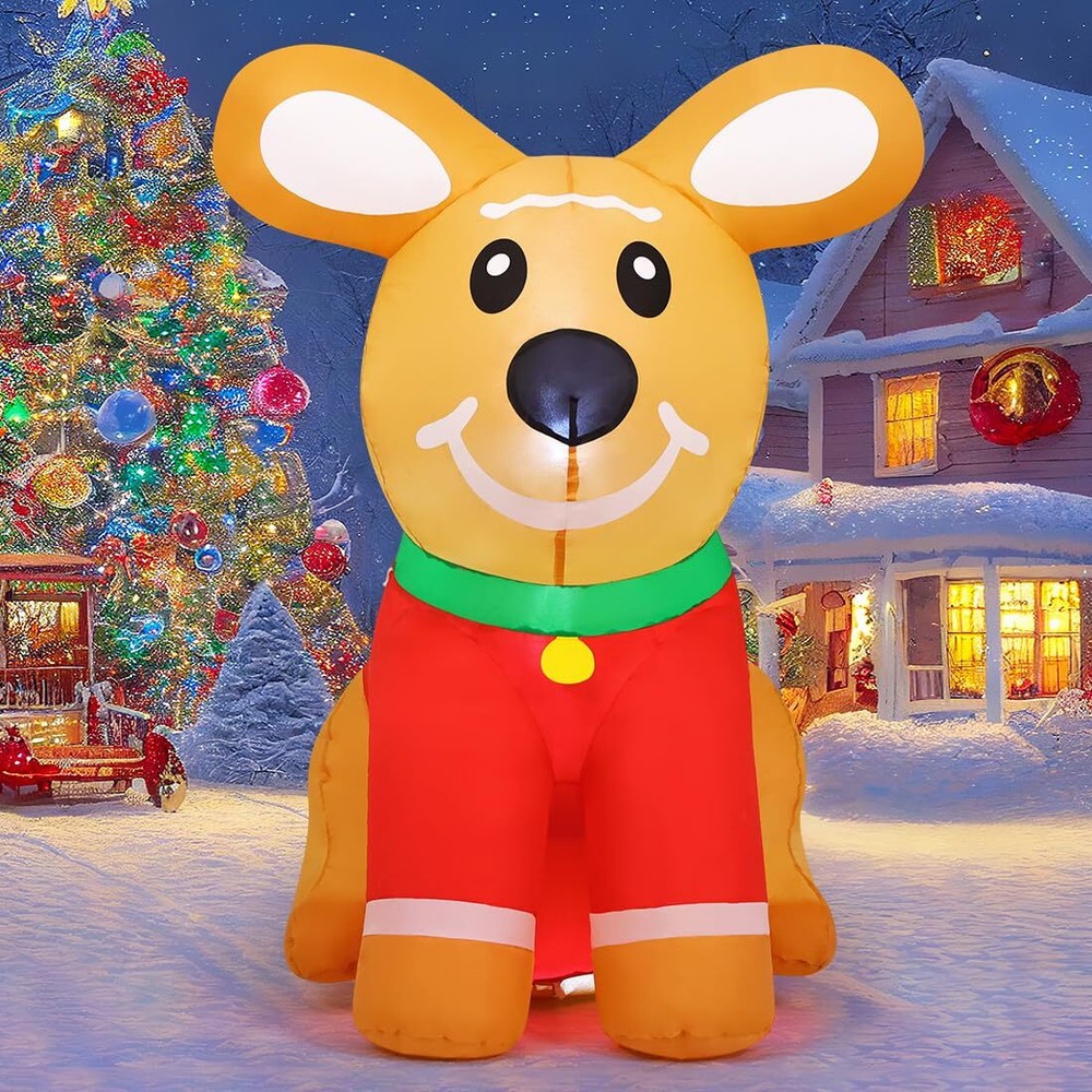 5FT Christmas Inflatables Outdoor Decorations, Blow Up Cute Gingerbread Dog I...