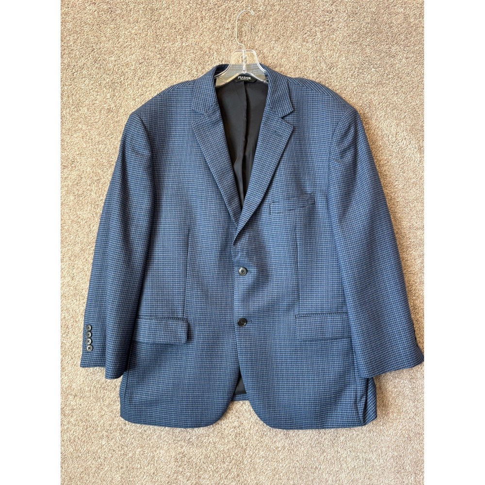 Jos A Bank Traveler Blazer Mens 44S Blue Houndstooth 100% Wool Sport Coat