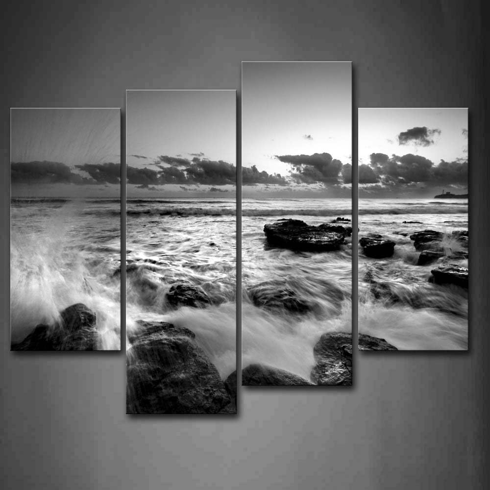 Black and White Coastal Ocean Wave Canvas Art with Stone Painting