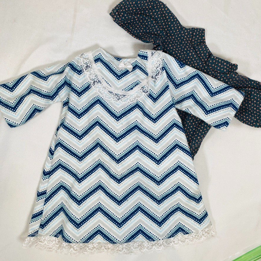 Handmade Blue Chevron & Green Print Dress Set for 18