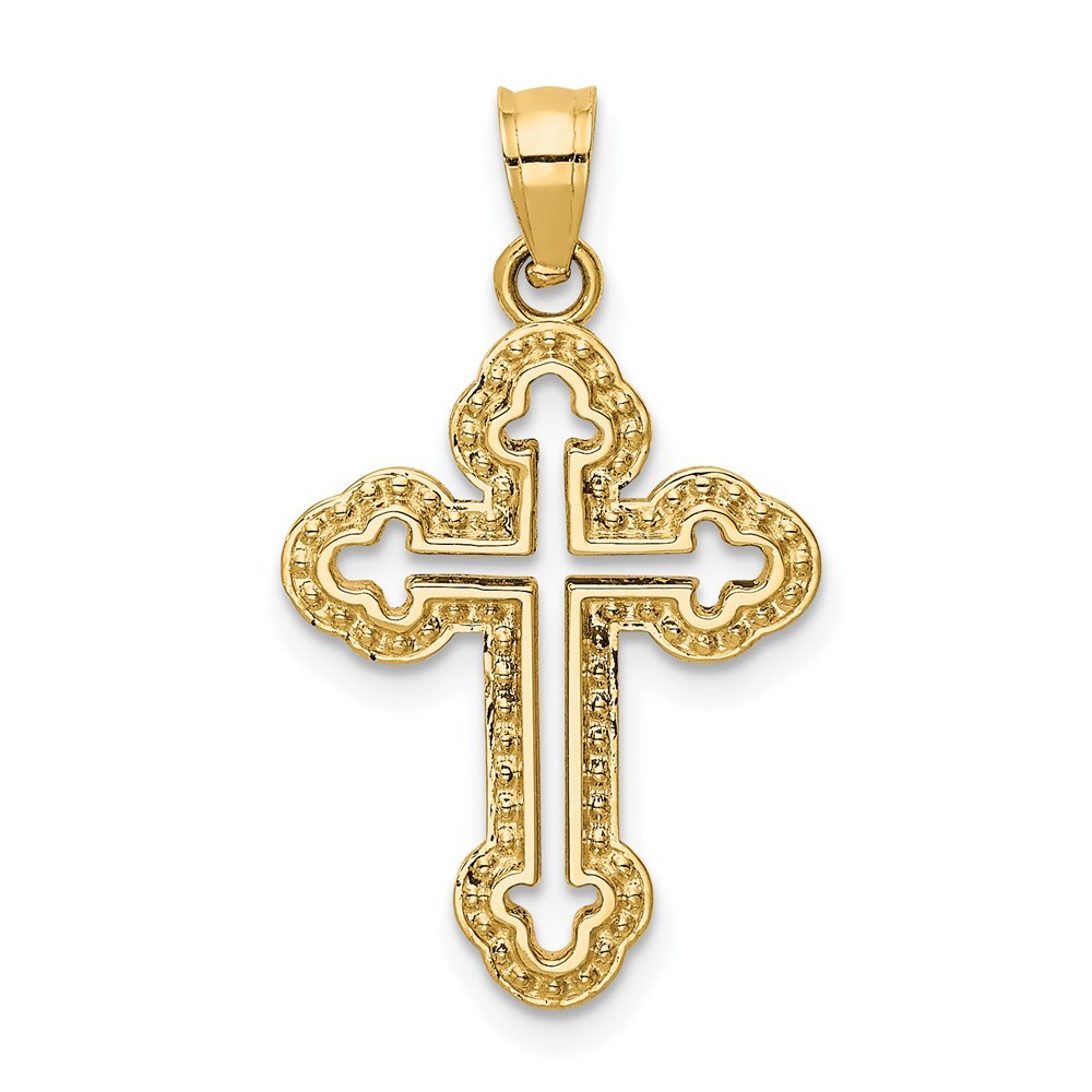 14K Yellow Gold Cut-out Budded Cross Charm Pendant L- 0.99 Inch, W-0.63 Inch