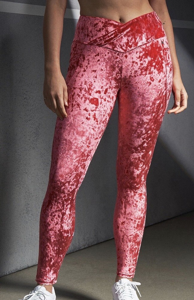 FABLETICS Crossover Leggings Sz XXS Red Crushed Velour High Rise Skinny Workout