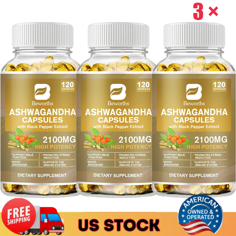 120*3 Organic Ashwagandha Capsules 2100mg Supplement w/ Black Pepper Root Powder